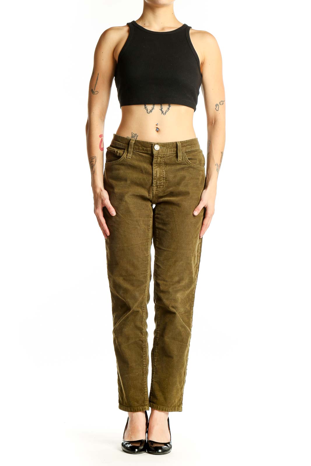 Front view of olive green corduroy pants by C/E Current/Elliott