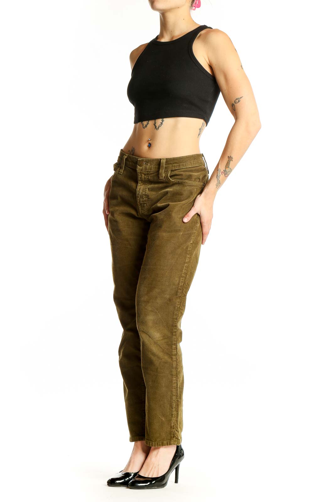 Front view of olive green corduroy pants by C/E Current/Elliott