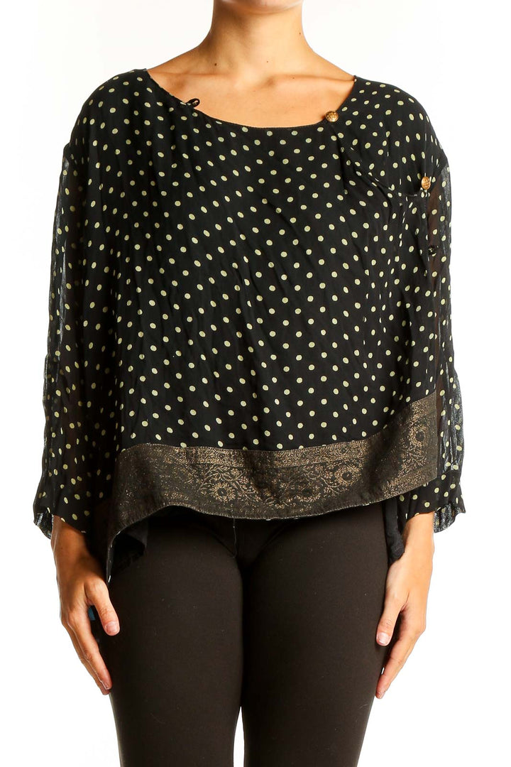 Front view of April Cornell black rayon blouse with yellow polka dots and gold paisley border