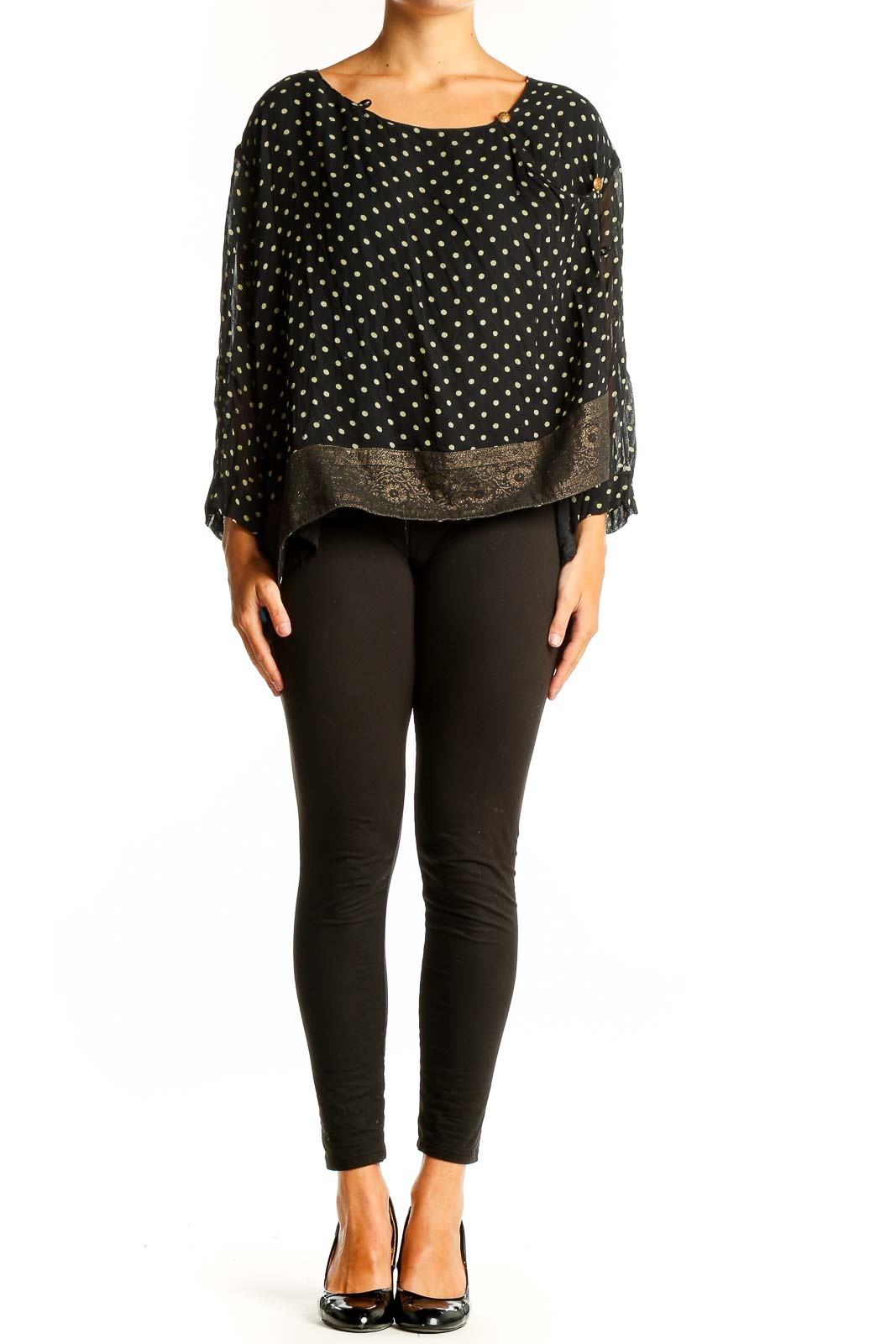 Front view of April Cornell black rayon blouse with yellow polka dots and gold paisley border