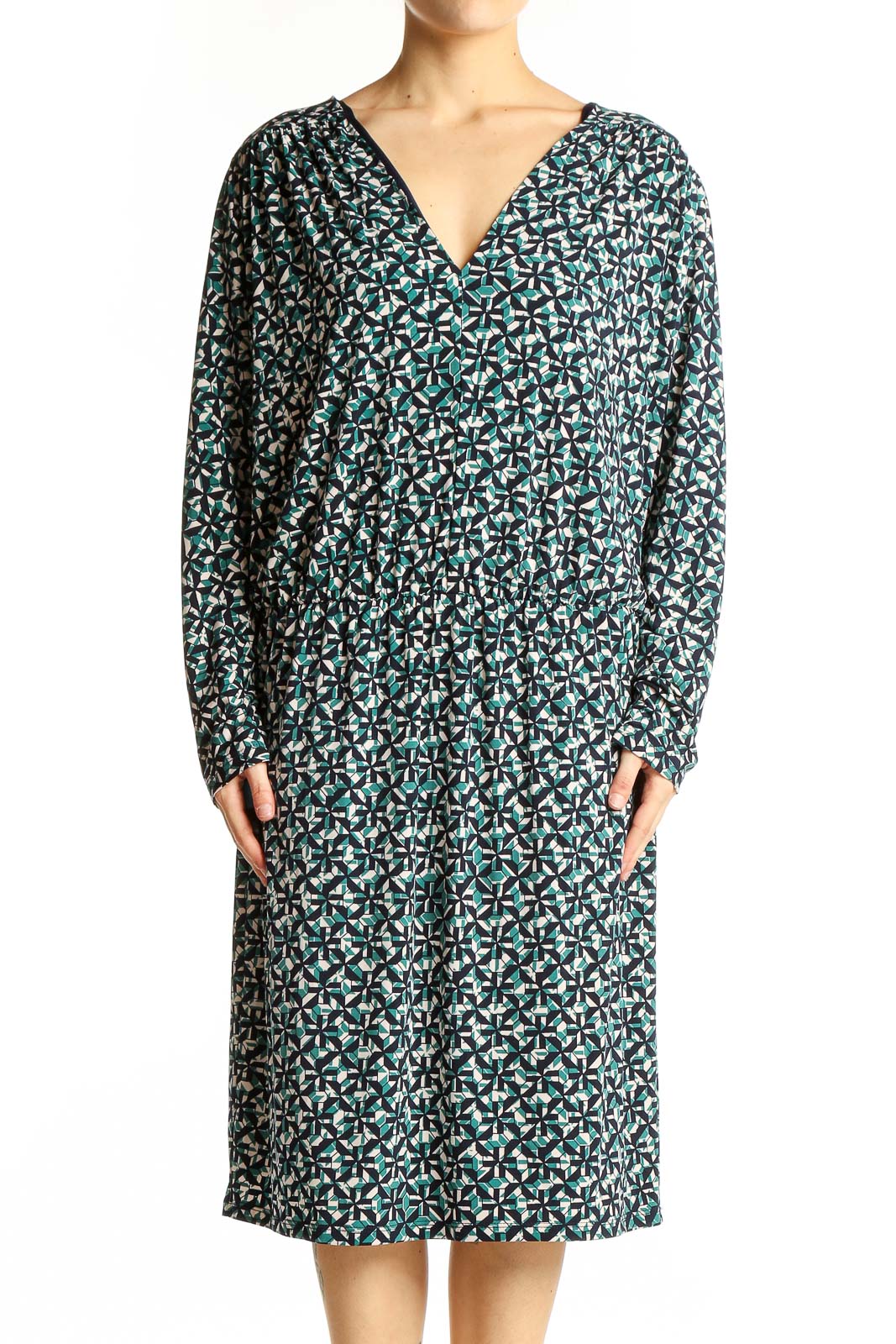 Front view of London Times green floral print V-neck midi dress