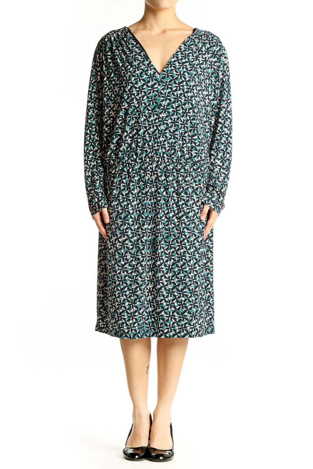 Front view of London Times green floral print V-neck midi dress