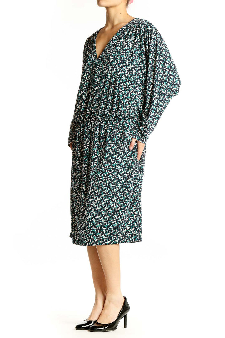 Front view of London Times green floral print V-neck midi dress