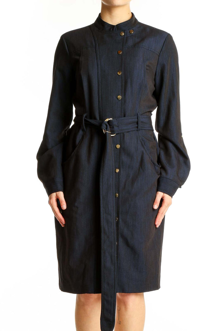 Front view of navy Calvin Klein button-front shirt dress with belt