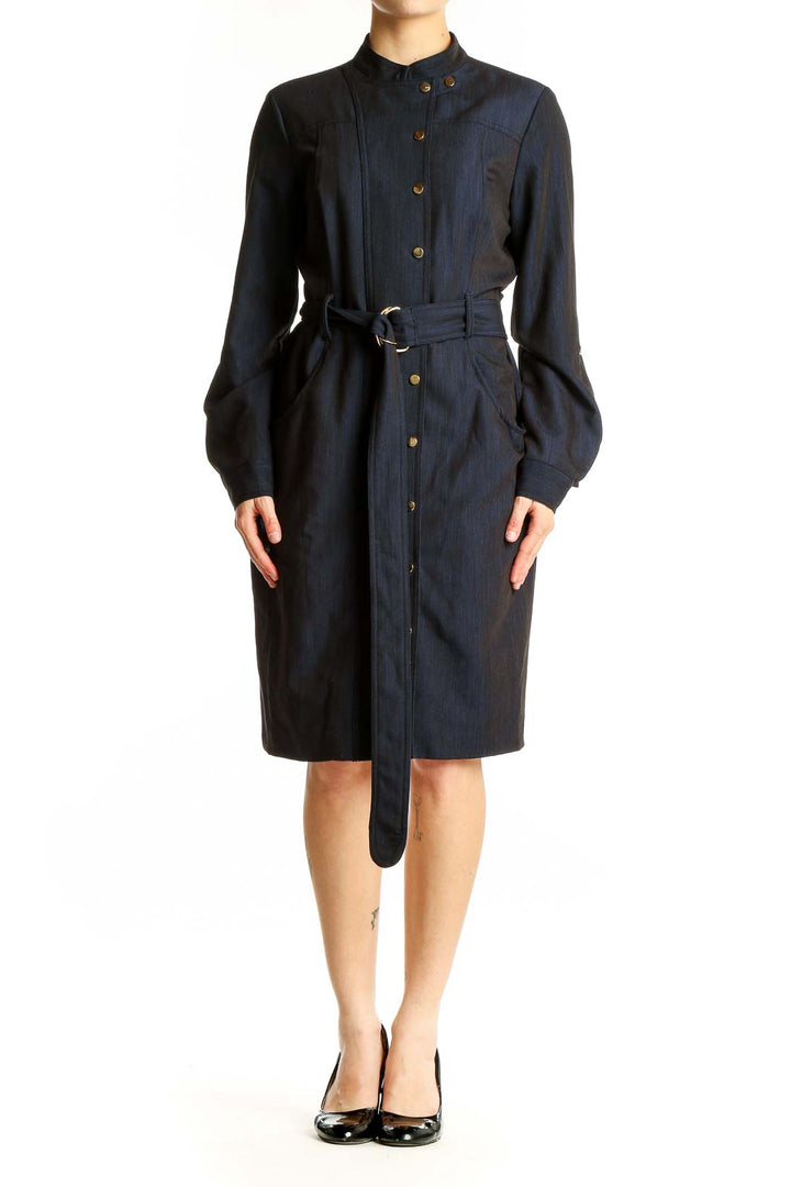 Front view of navy Calvin Klein button-front shirt dress with belt