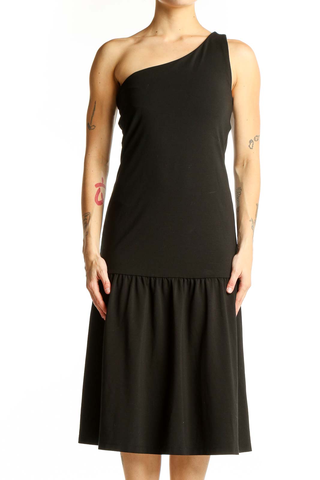 Front view of black one-shoulder midi dress from Banana Republic