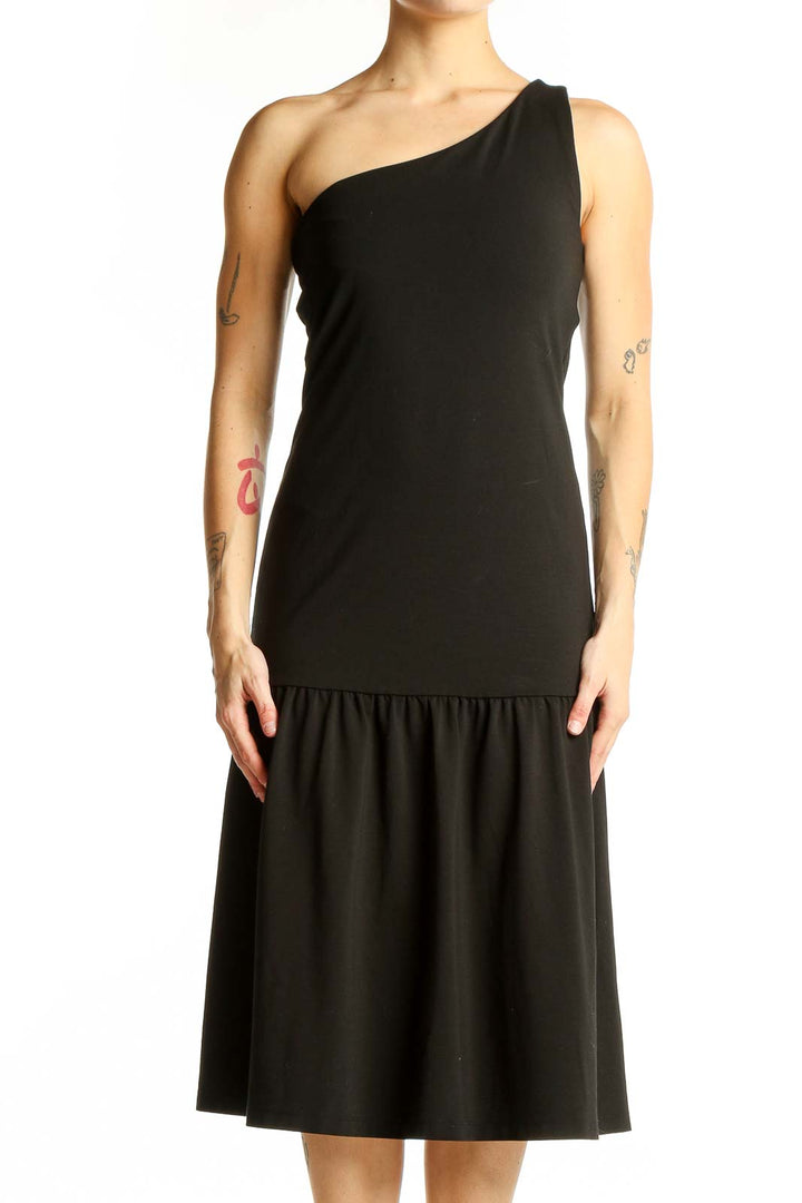 Front view of black one-shoulder midi dress from Banana Republic