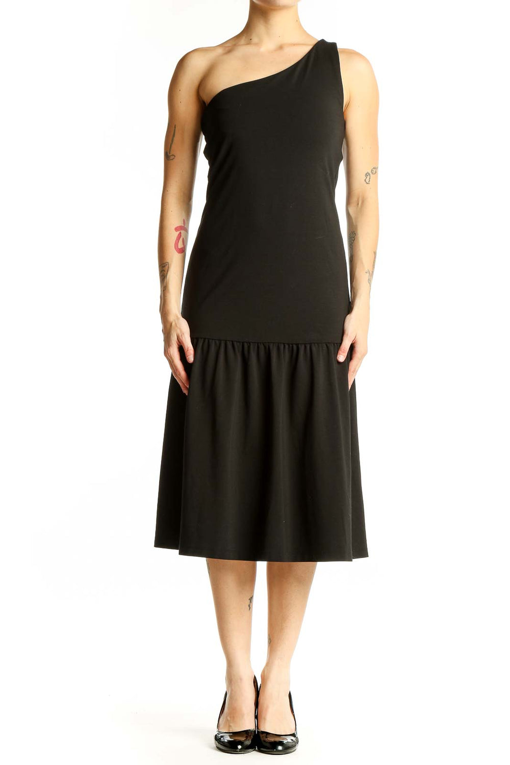 Front view of black one-shoulder midi dress from Banana Republic