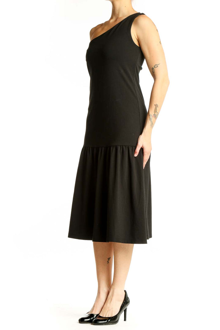 Front view of black one-shoulder midi dress from Banana Republic