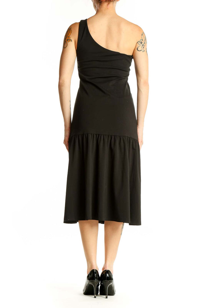 Side view of black one-shoulder midi dress from Banana Republic