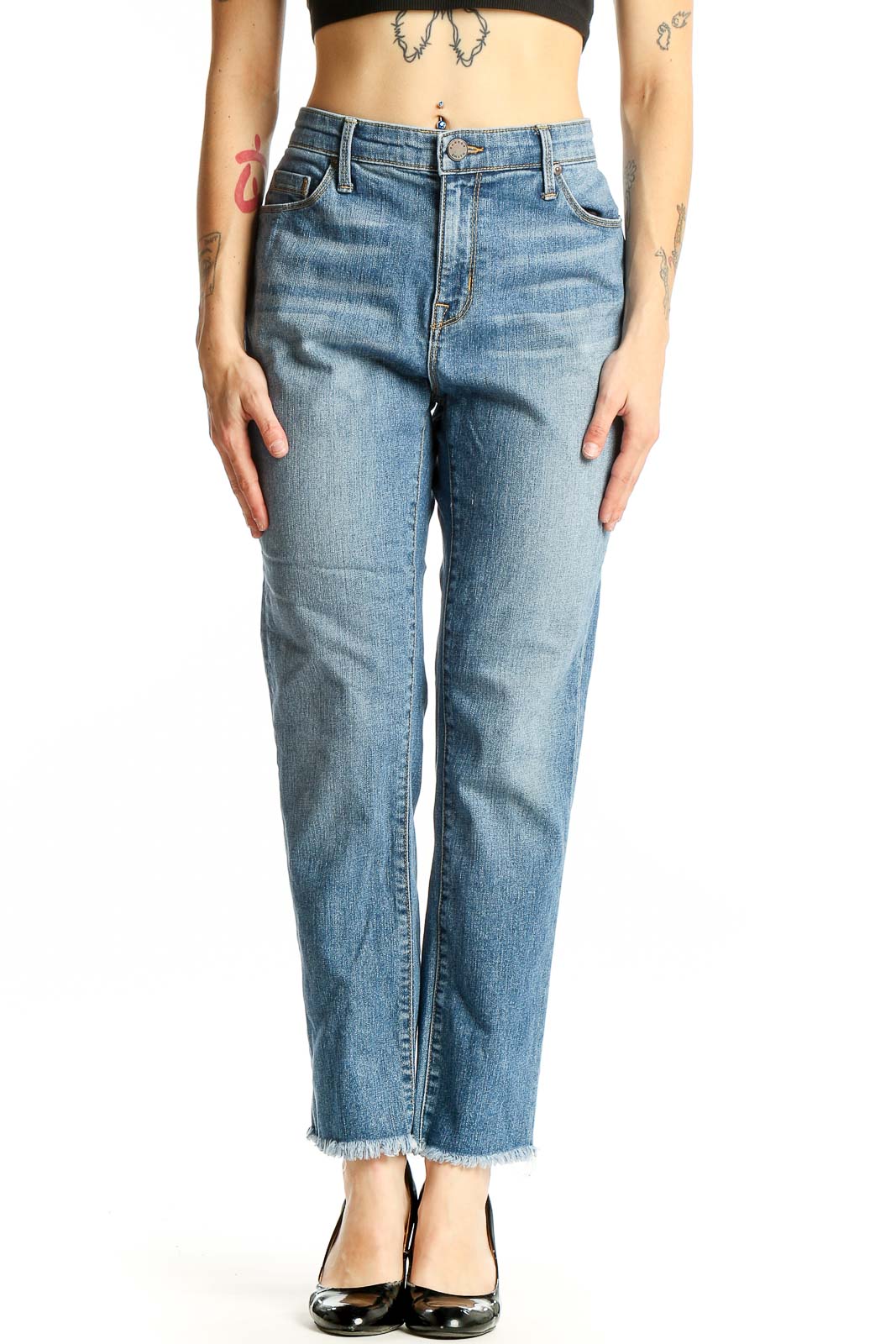 Front view of PS Parker Smith light blue straight leg jeans with frayed hem