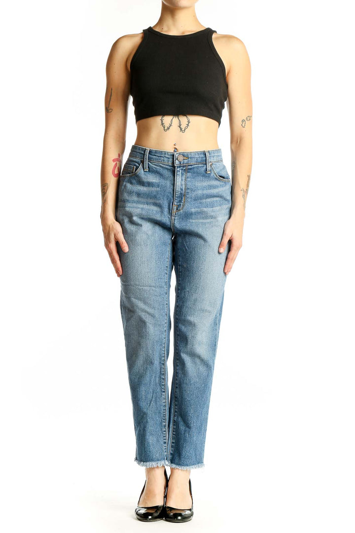 Front view of PS Parker Smith light blue straight leg jeans with frayed hem