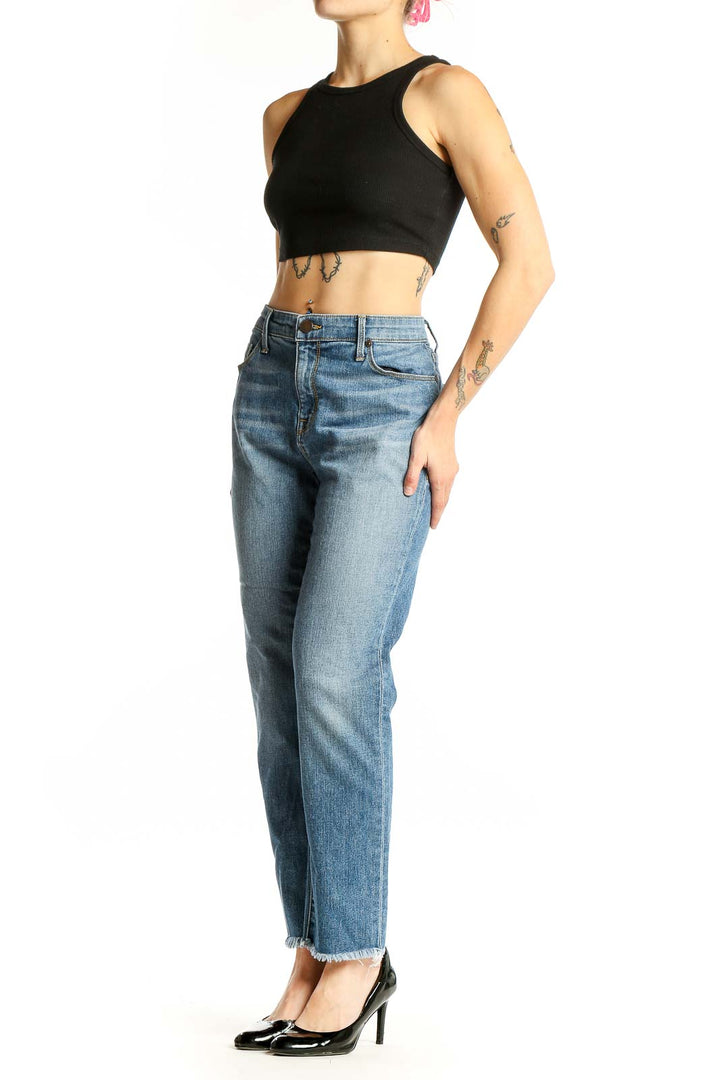 Front view of PS Parker Smith light blue straight leg jeans with frayed hem