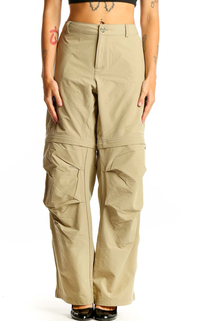 Front view of khaki convertible cargo pants with multiple pockets