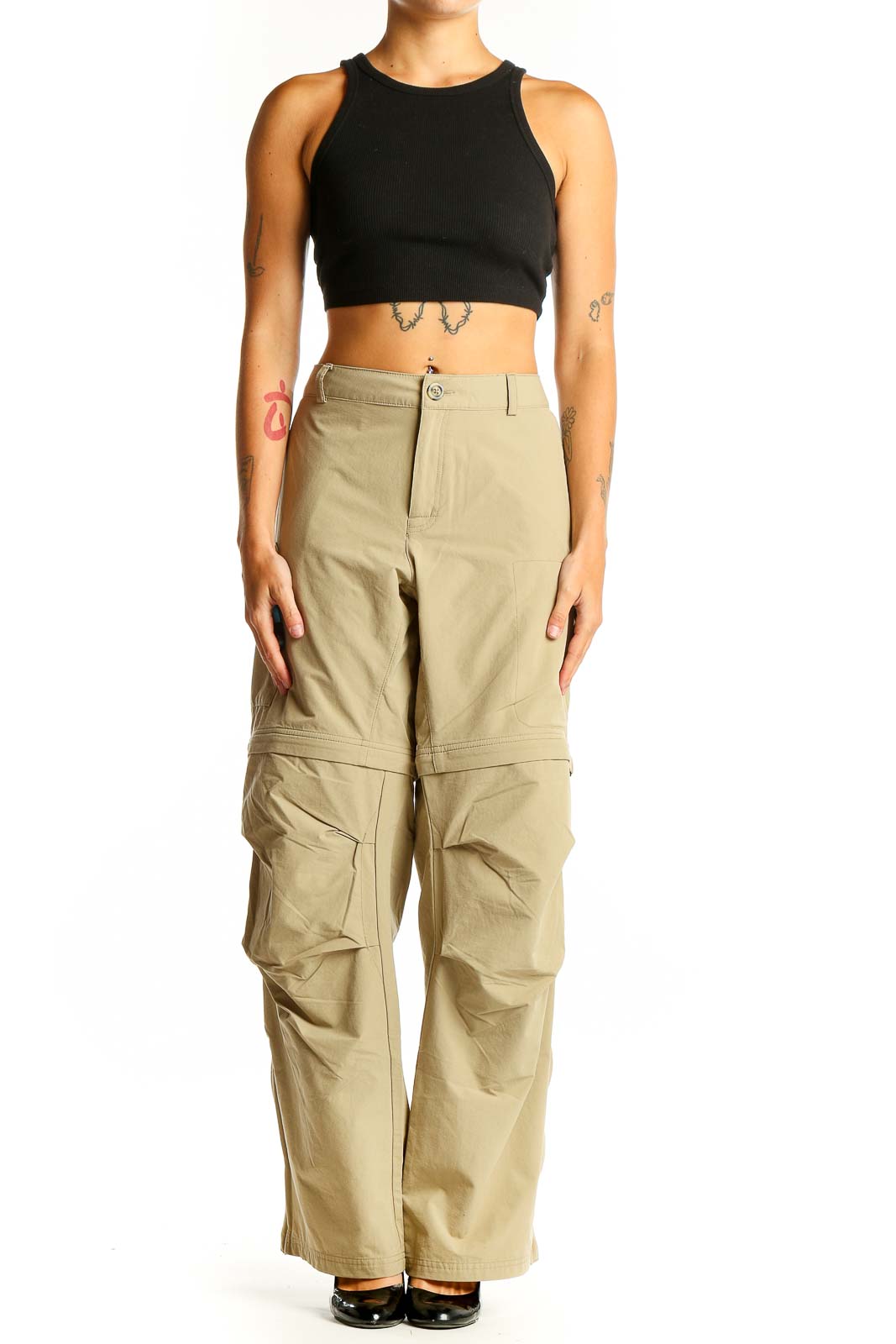 Front view of khaki convertible cargo pants with multiple pockets