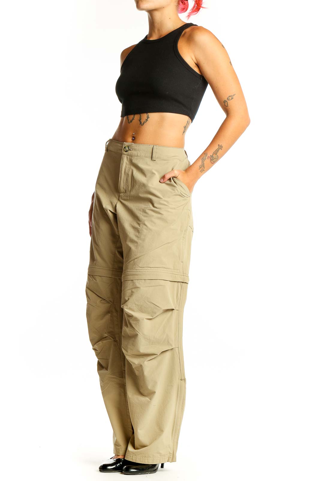 Front view of khaki convertible cargo pants with multiple pockets