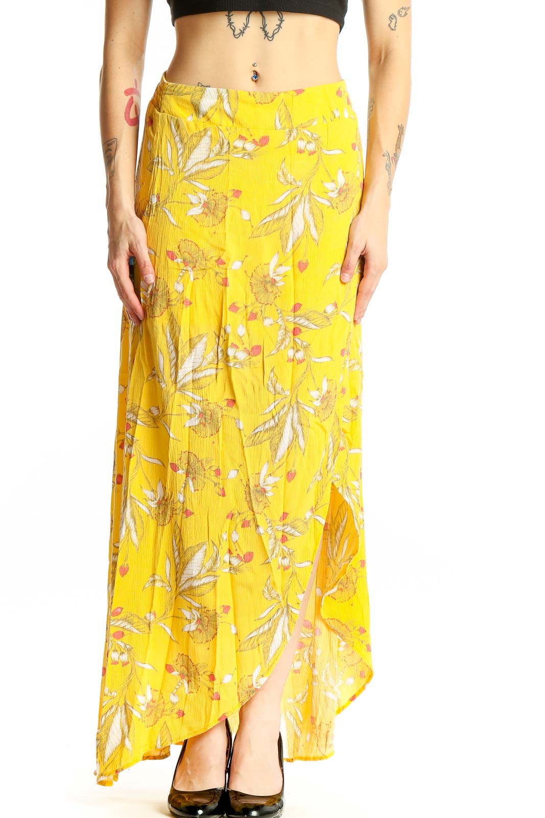 Front view of yellow floral rayon maxi skirt with high-low hemline