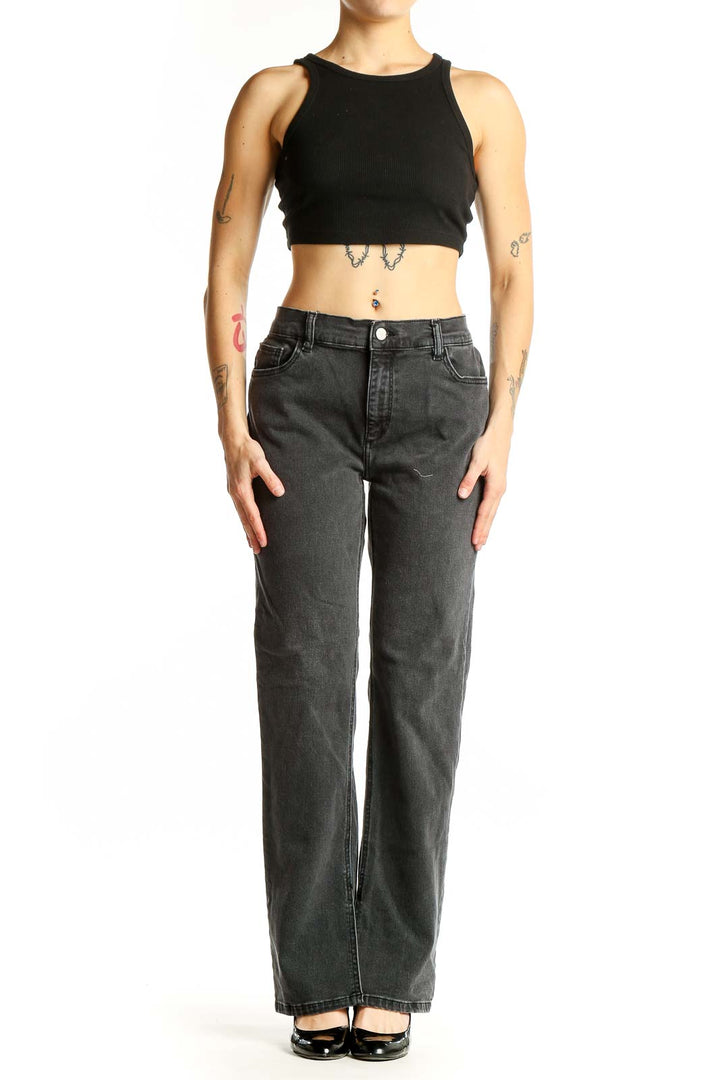 Front view of DL1961 charcoal gray straight leg jeans on model