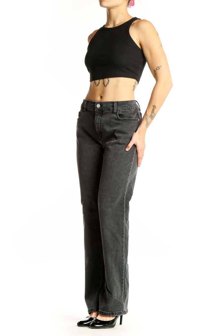 Front view of DL1961 charcoal gray straight leg jeans on model