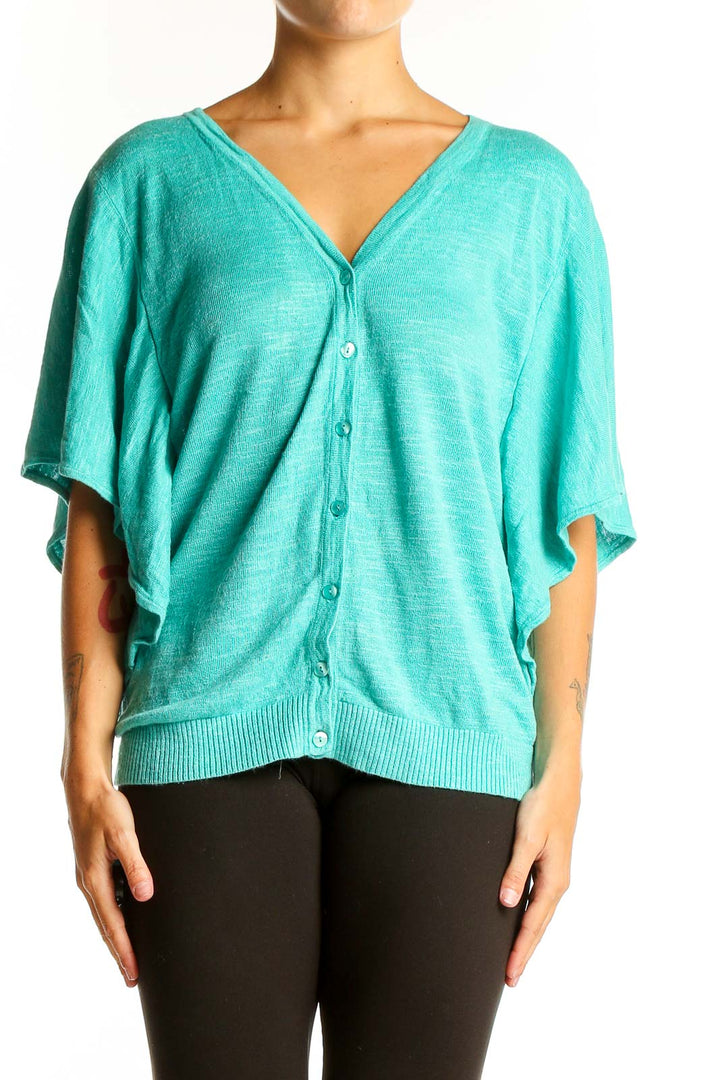 Front view of teal Jones New York button-front cardigan with batwing sleeves