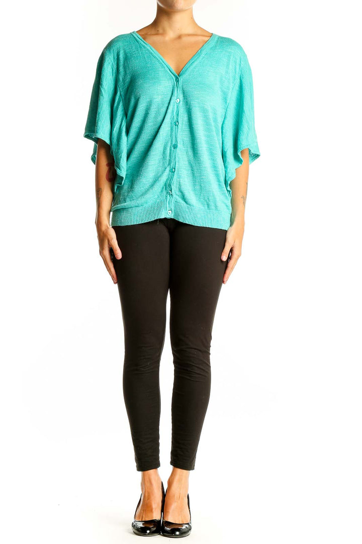 Front view of teal Jones New York button-front cardigan with batwing sleeves