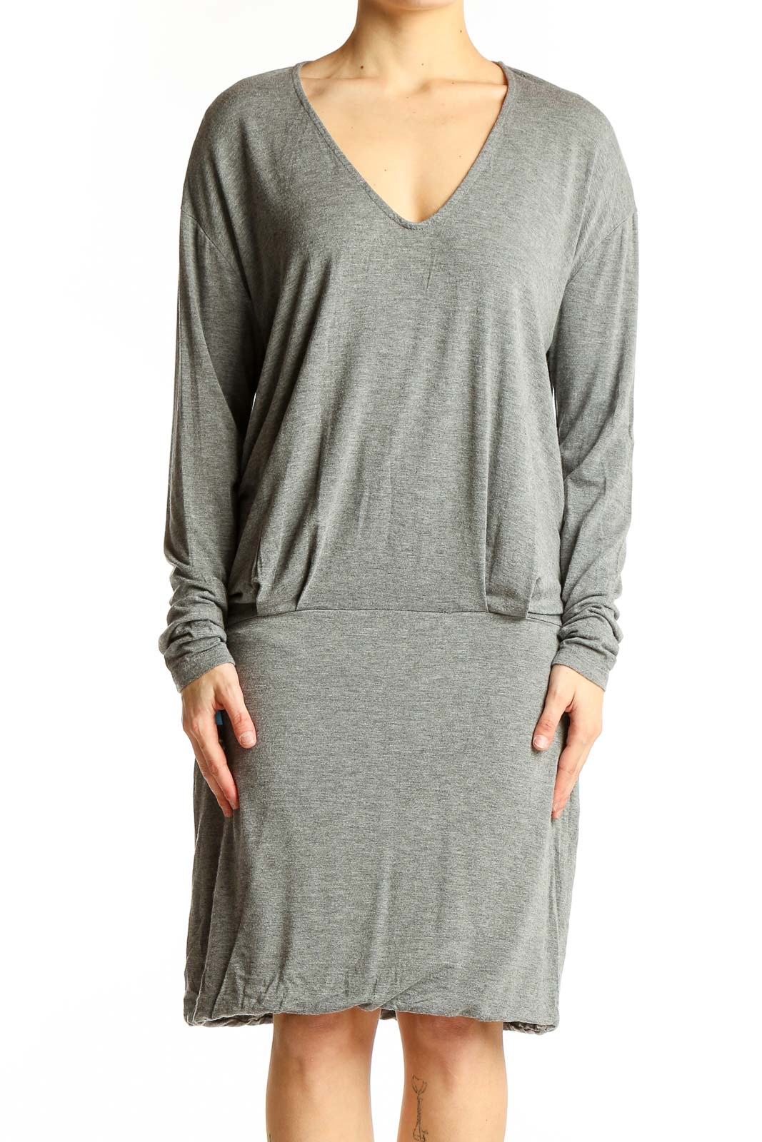Front view of gray V-neck long sleeve midi dress from Banana Republic