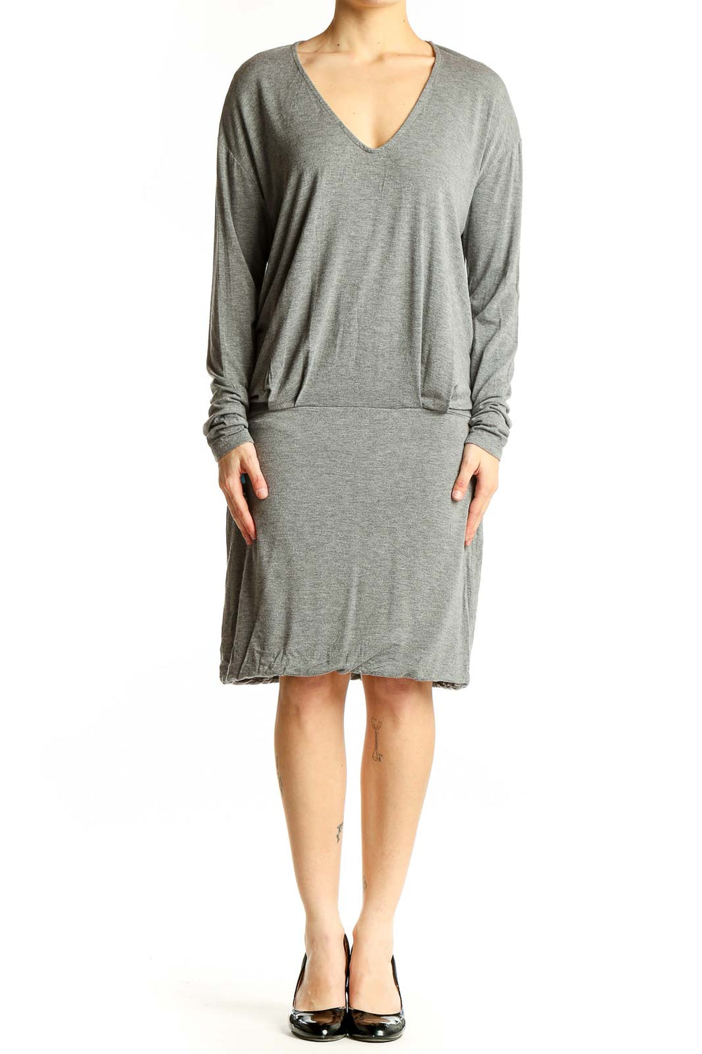 Front view of gray V-neck long sleeve midi dress from Banana Republic
