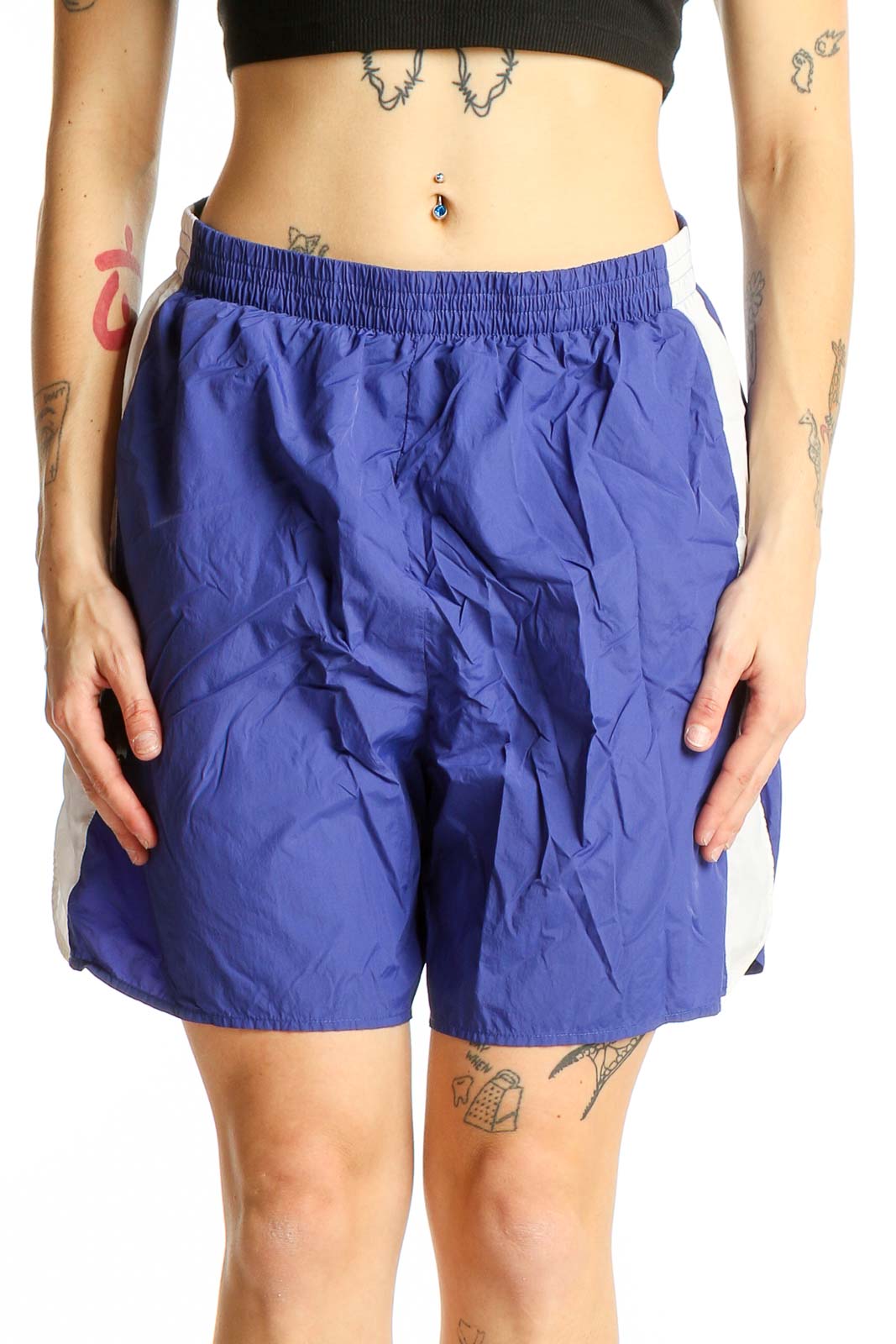 Front view of blue Rag & Bone nylon athletic shorts with white side panels