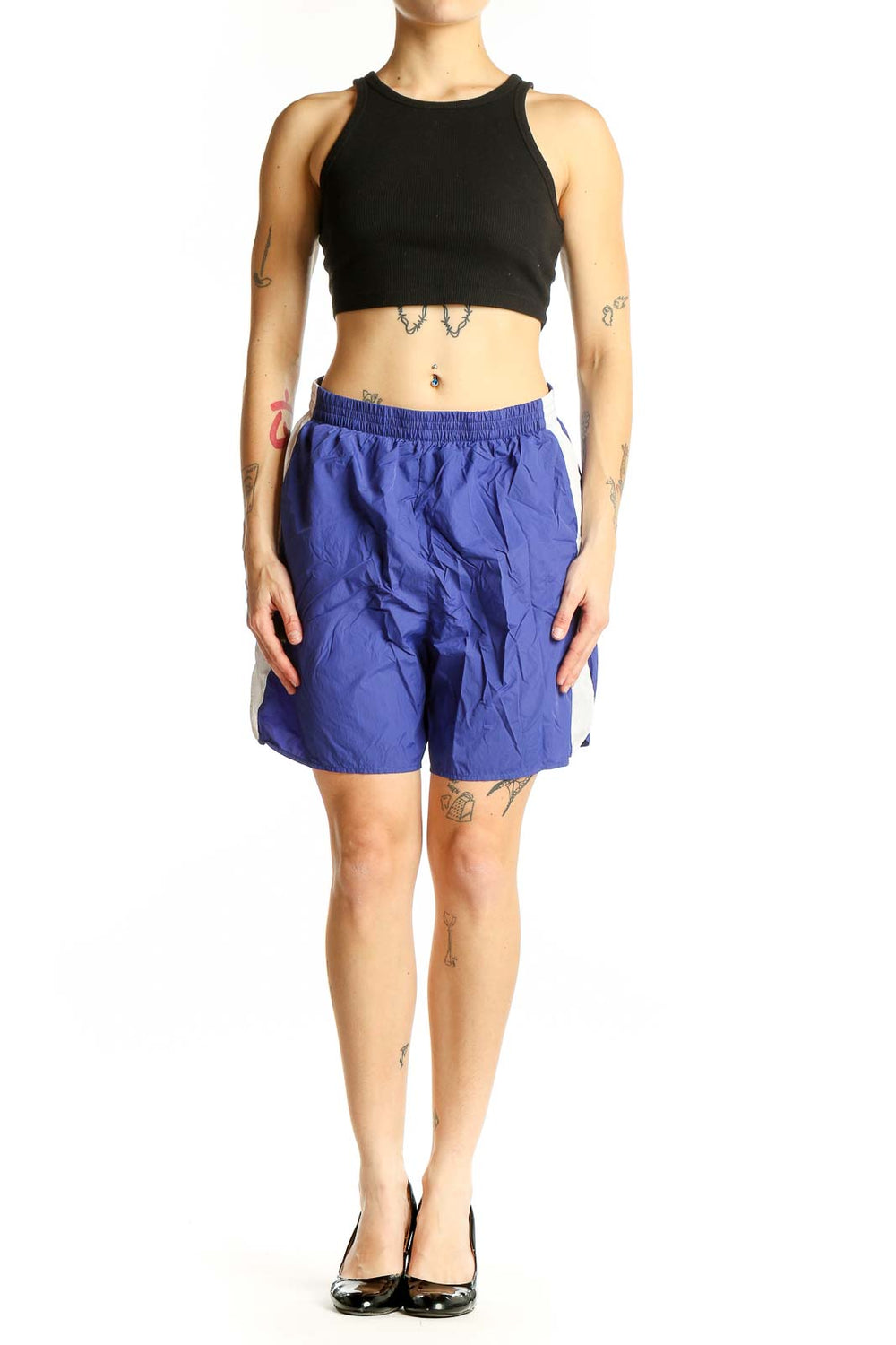 Front view of blue Rag & Bone nylon athletic shorts with white side panels