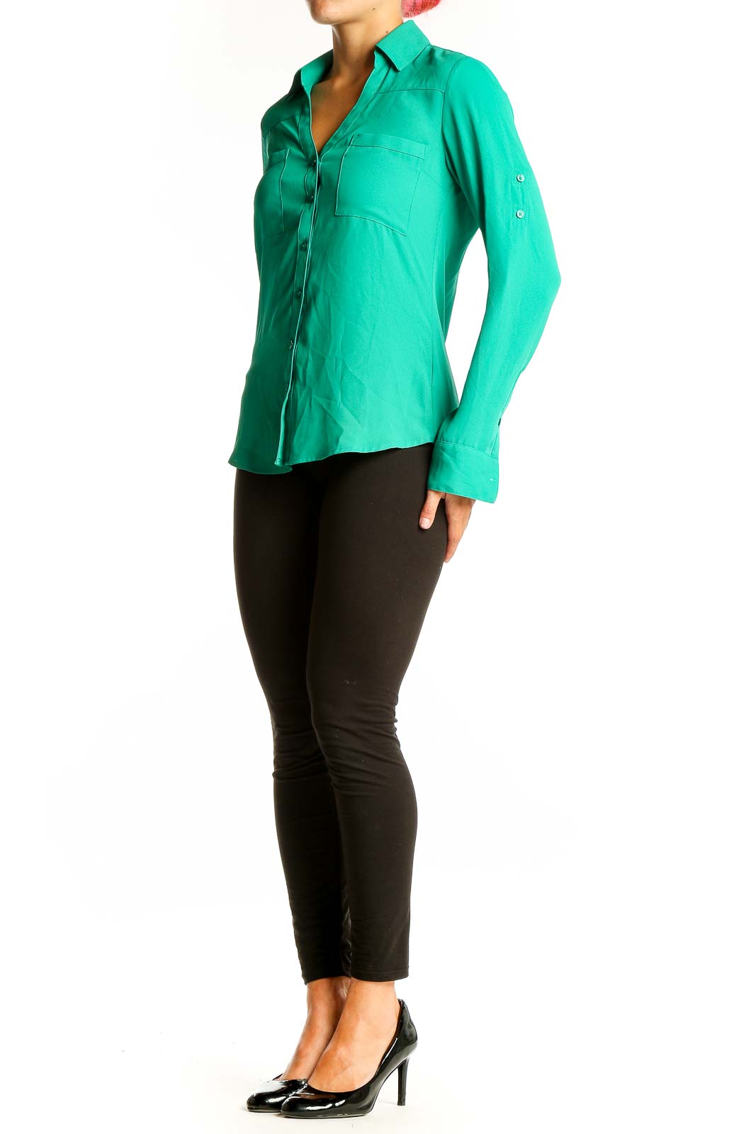 Front view of green Express button-down shirt with collar and pockets