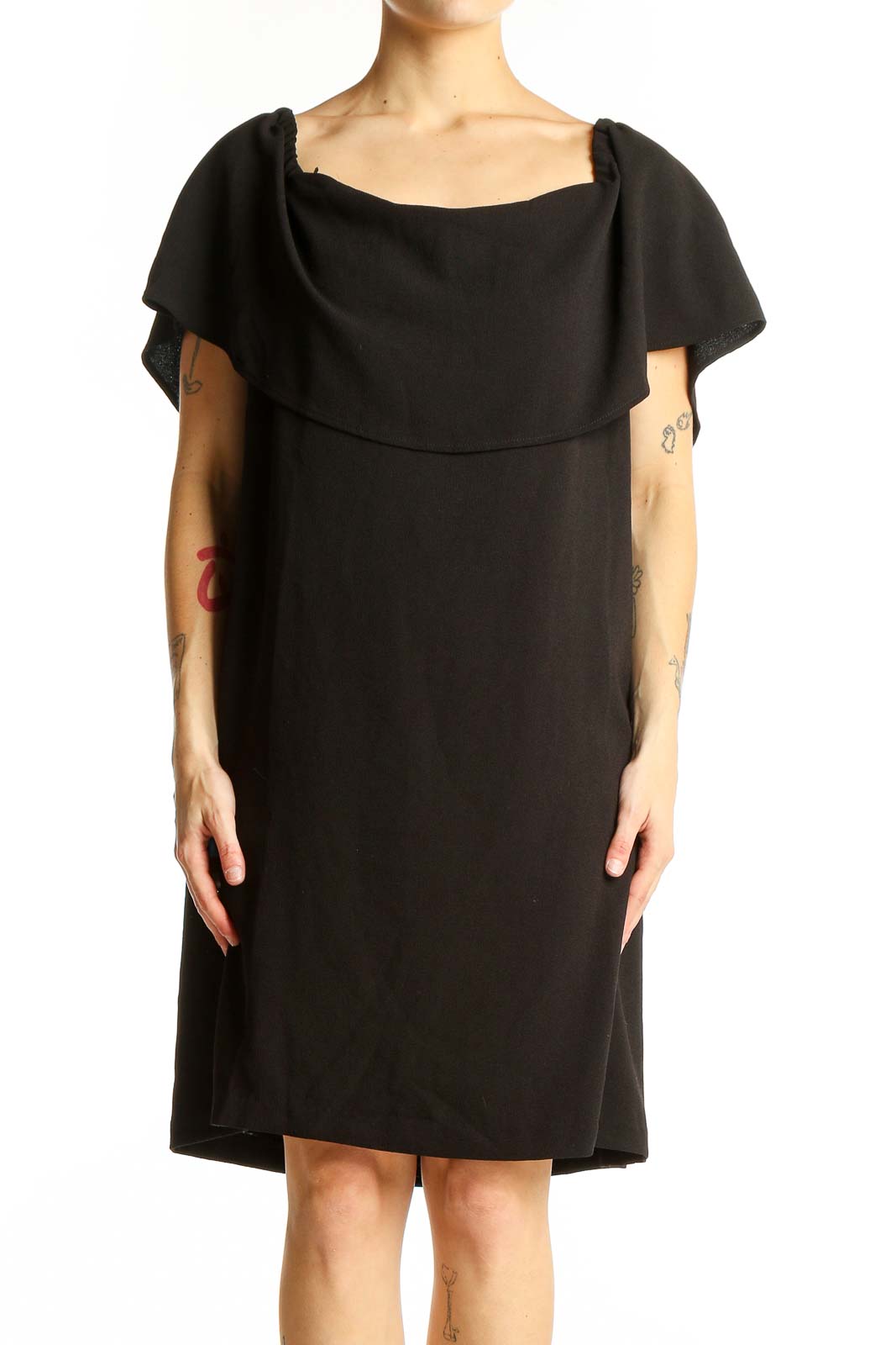 Front view of black off-shoulder cocktail dress by Charles Henry