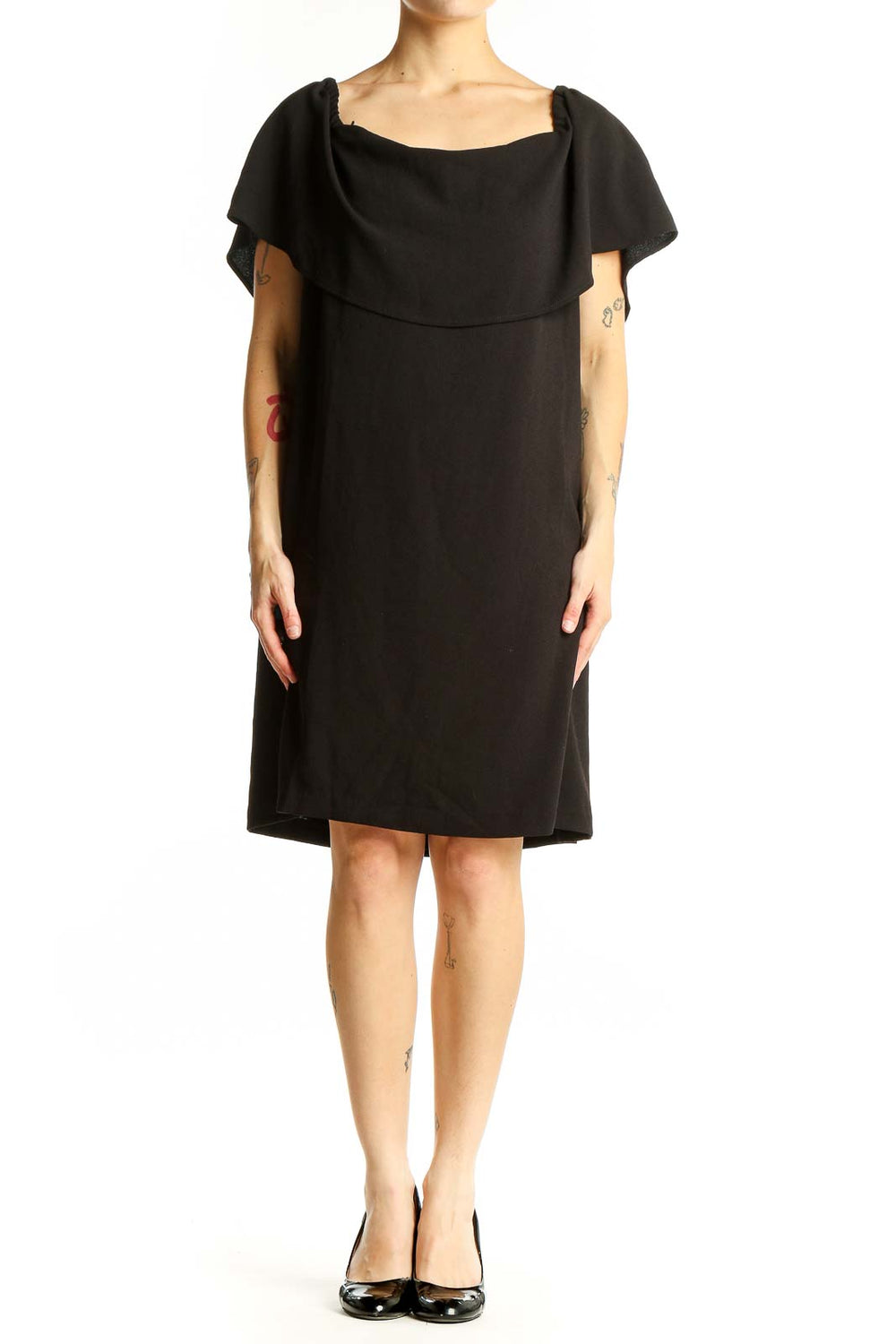 Front view of black off-shoulder cocktail dress by Charles Henry