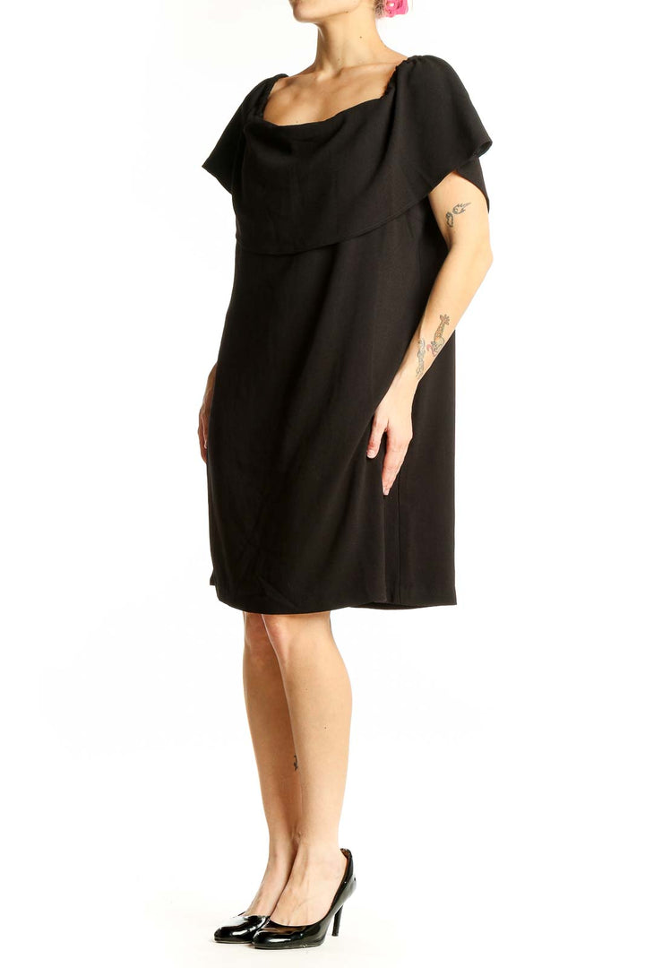 Front view of black off-shoulder cocktail dress by Charles Henry