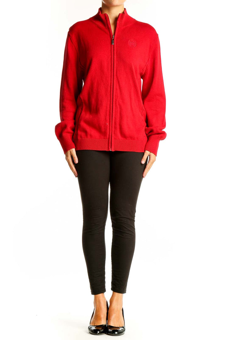 Front view of red Tommy Hilfiger zip-up knit cardigan