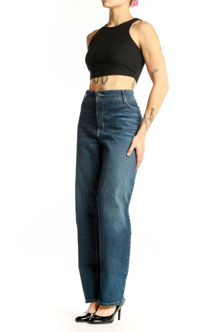 Front view of Signature By Levi Strauss blue straight leg jeans on model