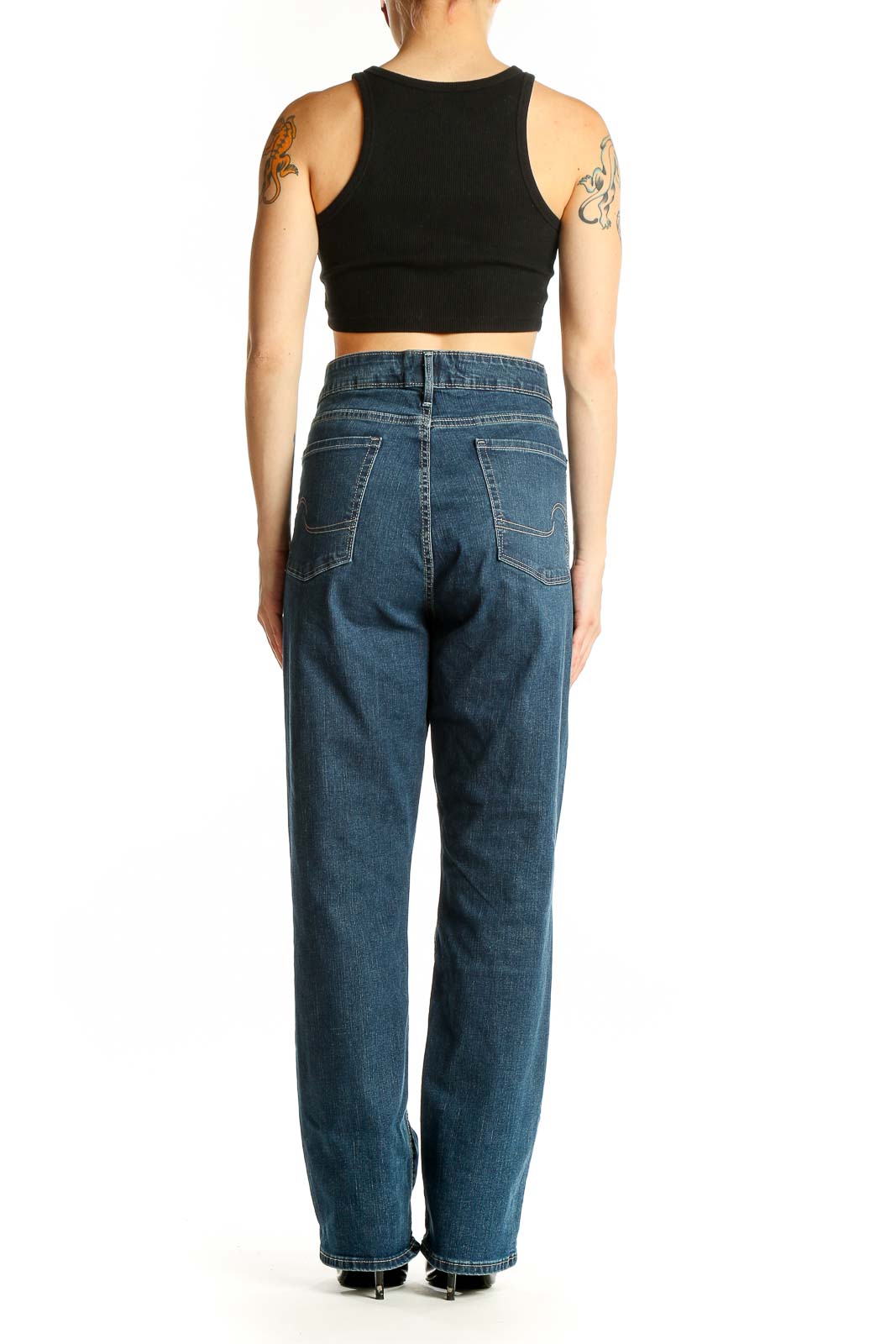 Side view of Signature By Levi Strauss blue straight leg jeans on model