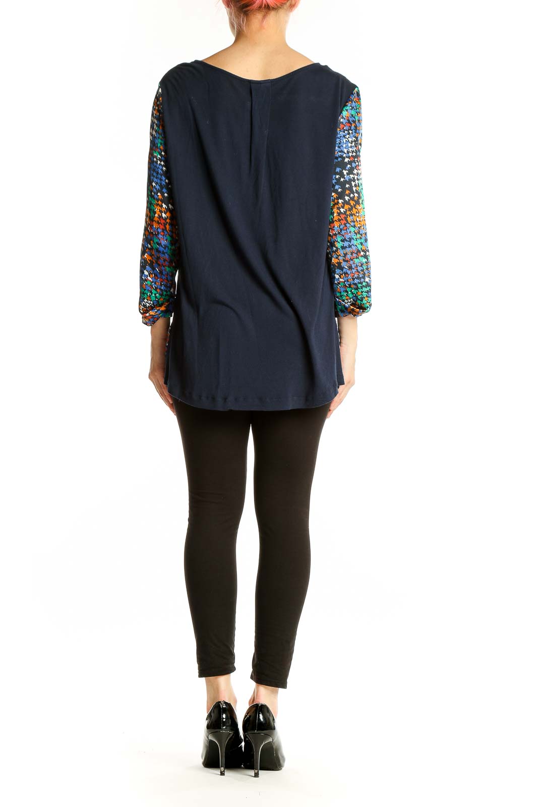 Back view of Mango multicolor patterned long sleeve blouse on model