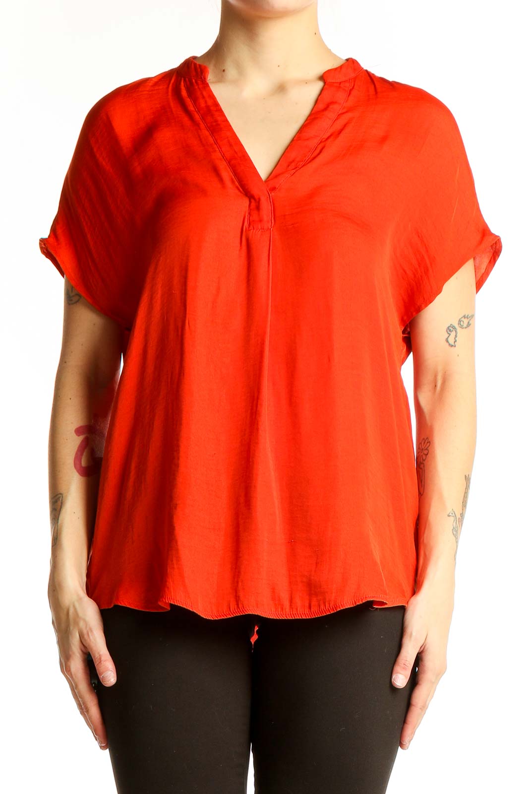 Front view of red RACHEL Rachel Roy V-neck short sleeve blouse