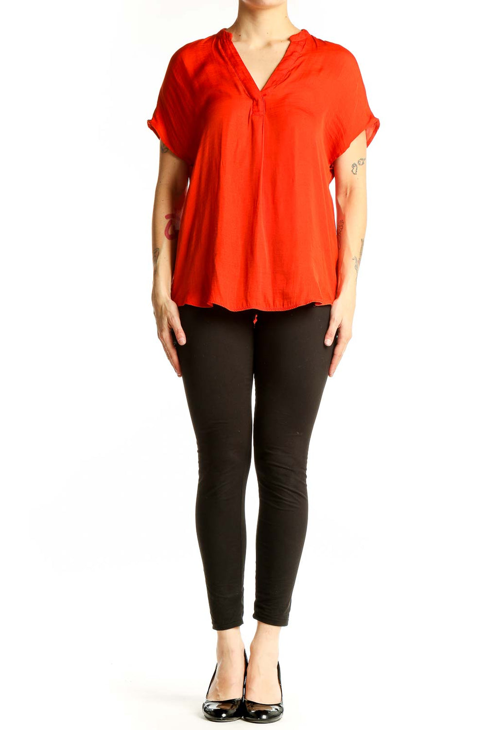 Front view of red RACHEL Rachel Roy V-neck short sleeve blouse