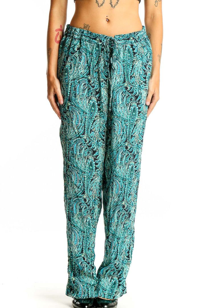 Front view of teal paisley print wide-leg pants from Talbots