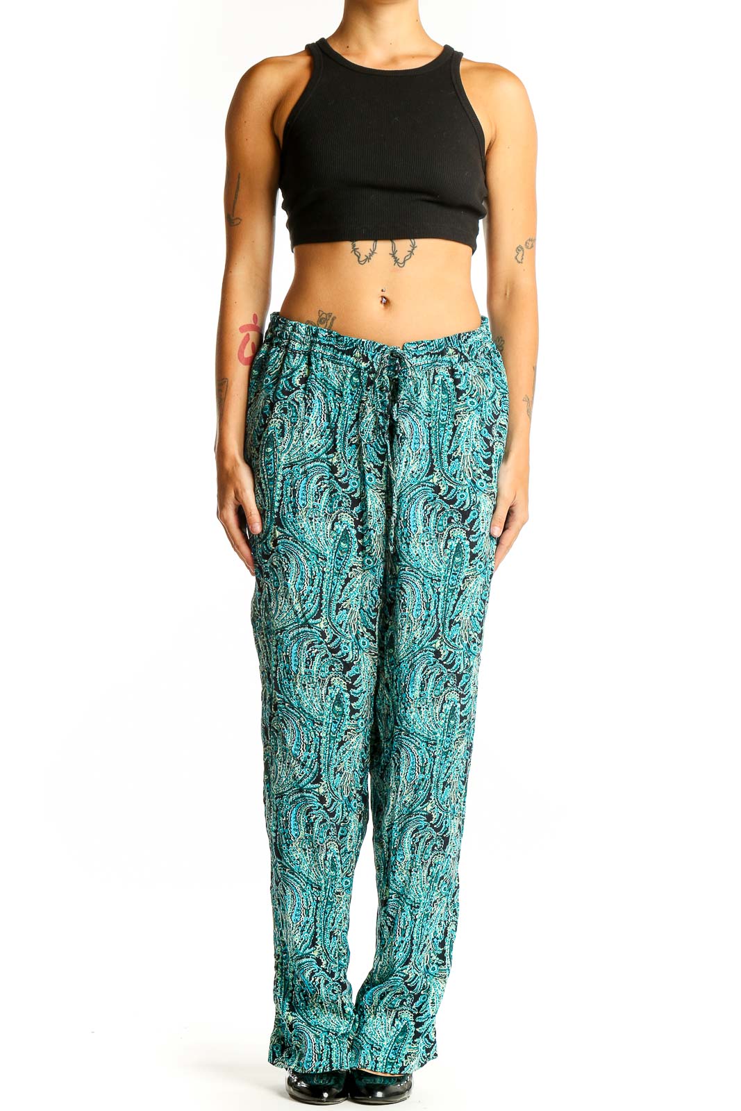 Front view of teal paisley print wide-leg pants from Talbots