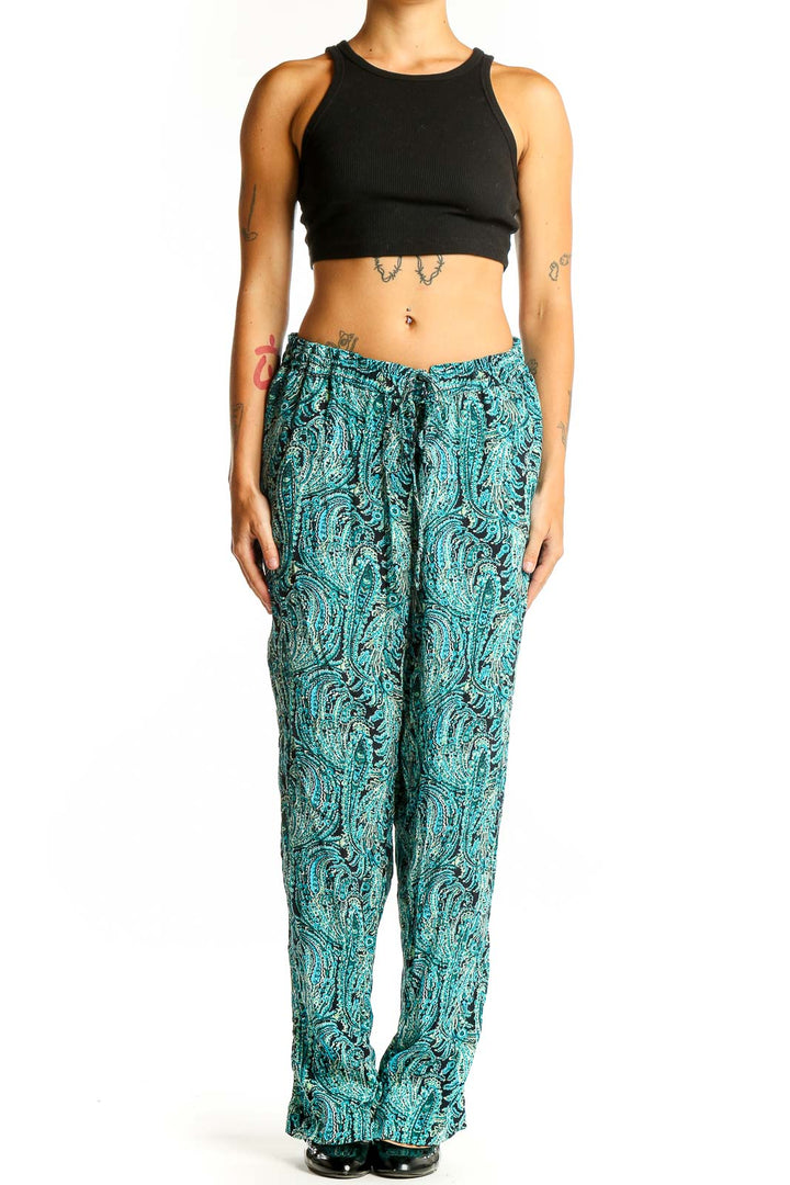 Front view of teal paisley print wide-leg pants from Talbots