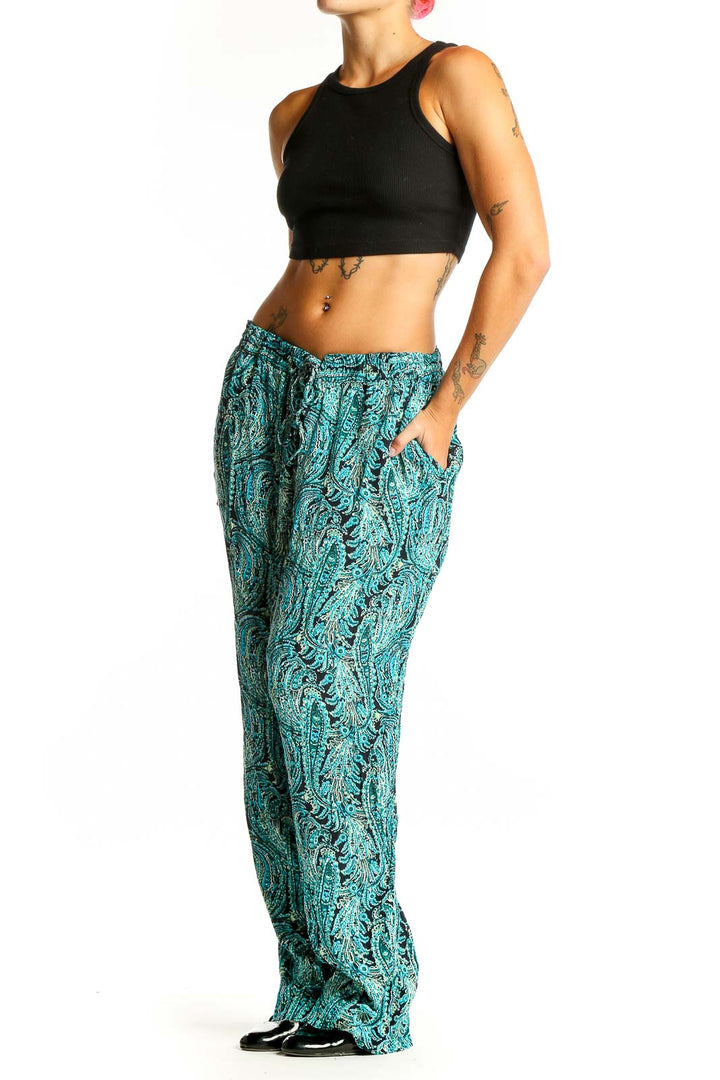 Front view of teal paisley print wide-leg pants from Talbots