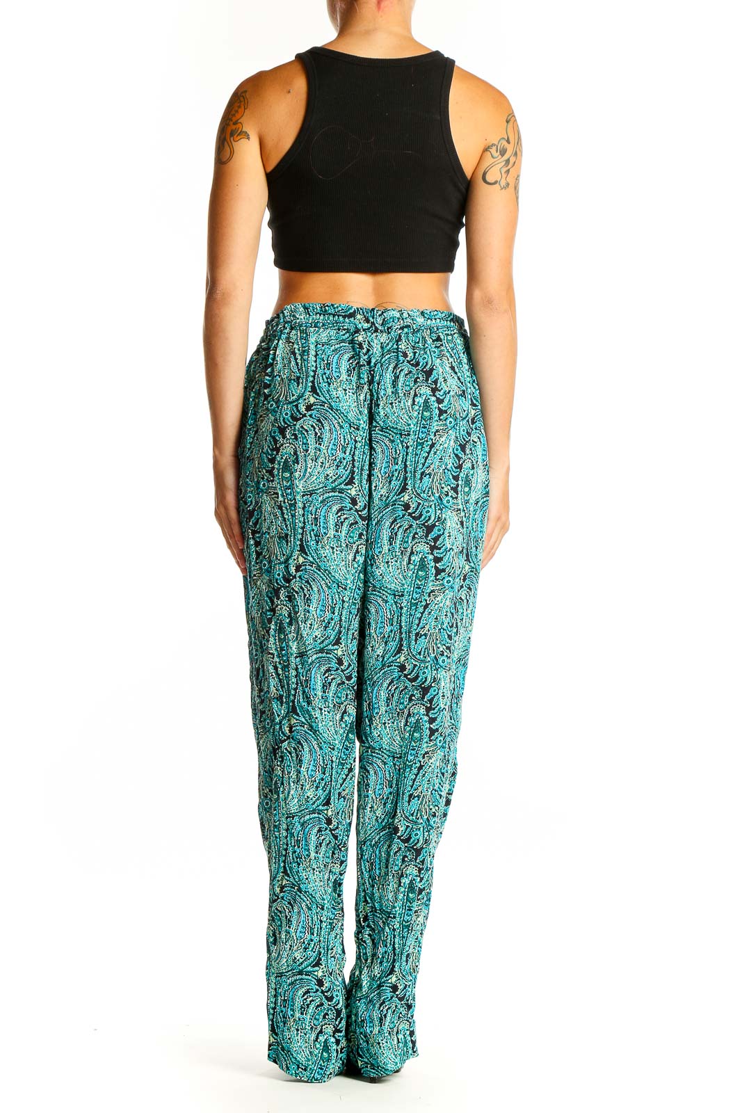 Side view of model wearing teal paisley print wide-leg pants from Talbots