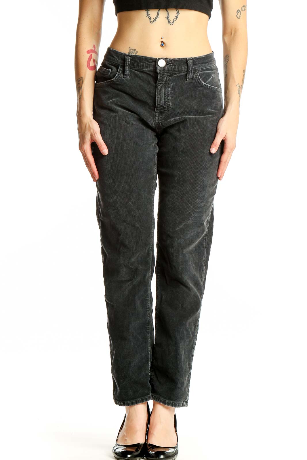 Front view of C/E Current/Elliott charcoal corduroy straight leg pants
