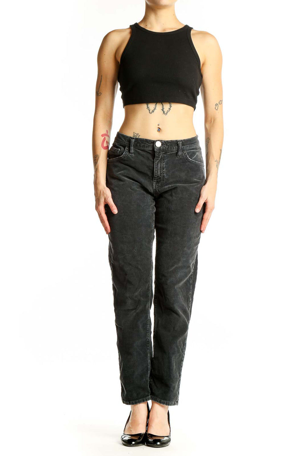 Front view of C/E Current/Elliott charcoal corduroy straight leg pants