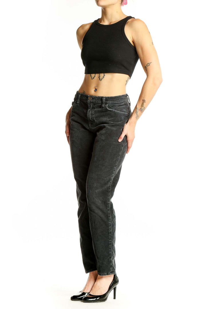 Front view of C/E Current/Elliott charcoal corduroy straight leg pants