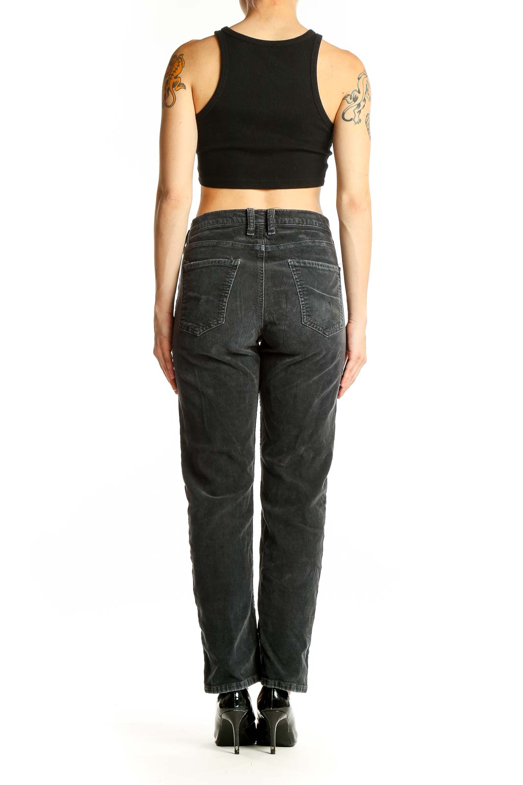 Side view of model wearing C/E Current/Elliott charcoal corduroy straight leg pants