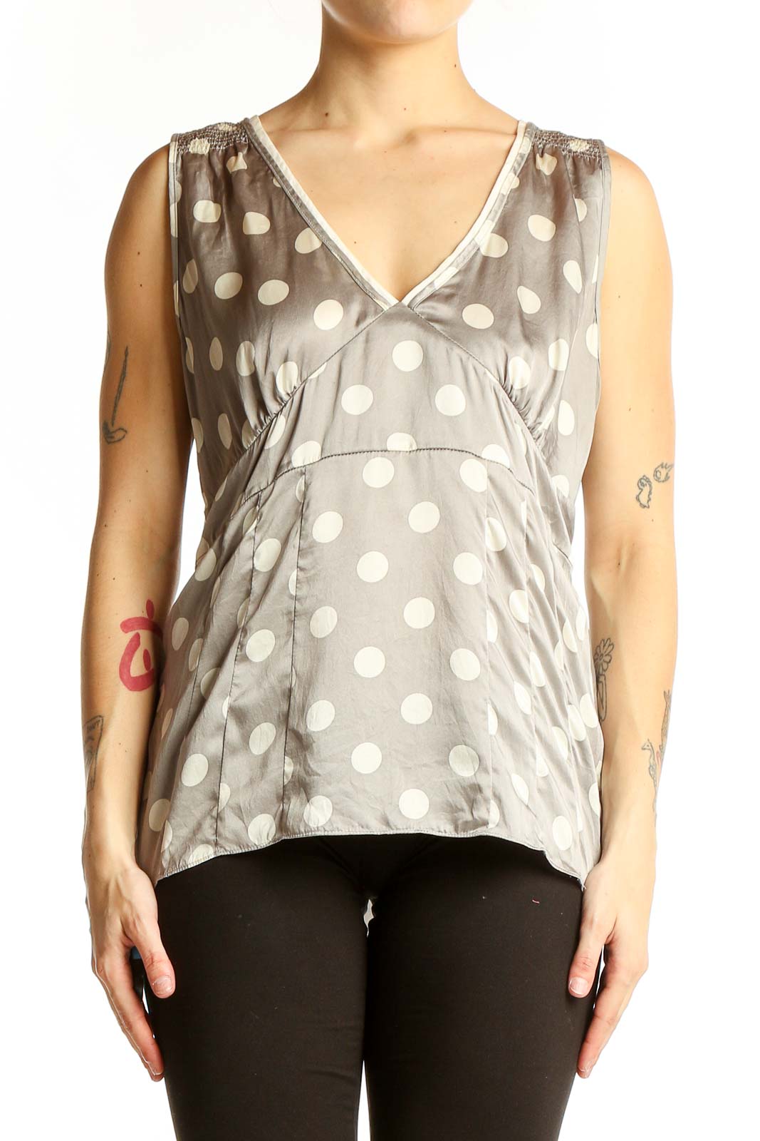 Front view of Gray Polka Dot Silk Sleeveless Top from White House Black Market