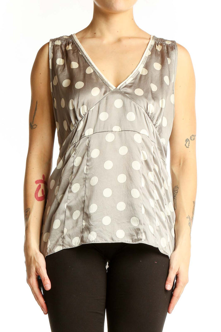 Front view of Gray Polka Dot Silk Sleeveless Top from White House Black Market